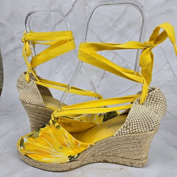 L. K. Bennett Size 40 (US 8.5) Yellow Lace Up Wedge Heels Floral Print Textile - Picture 7 of 16